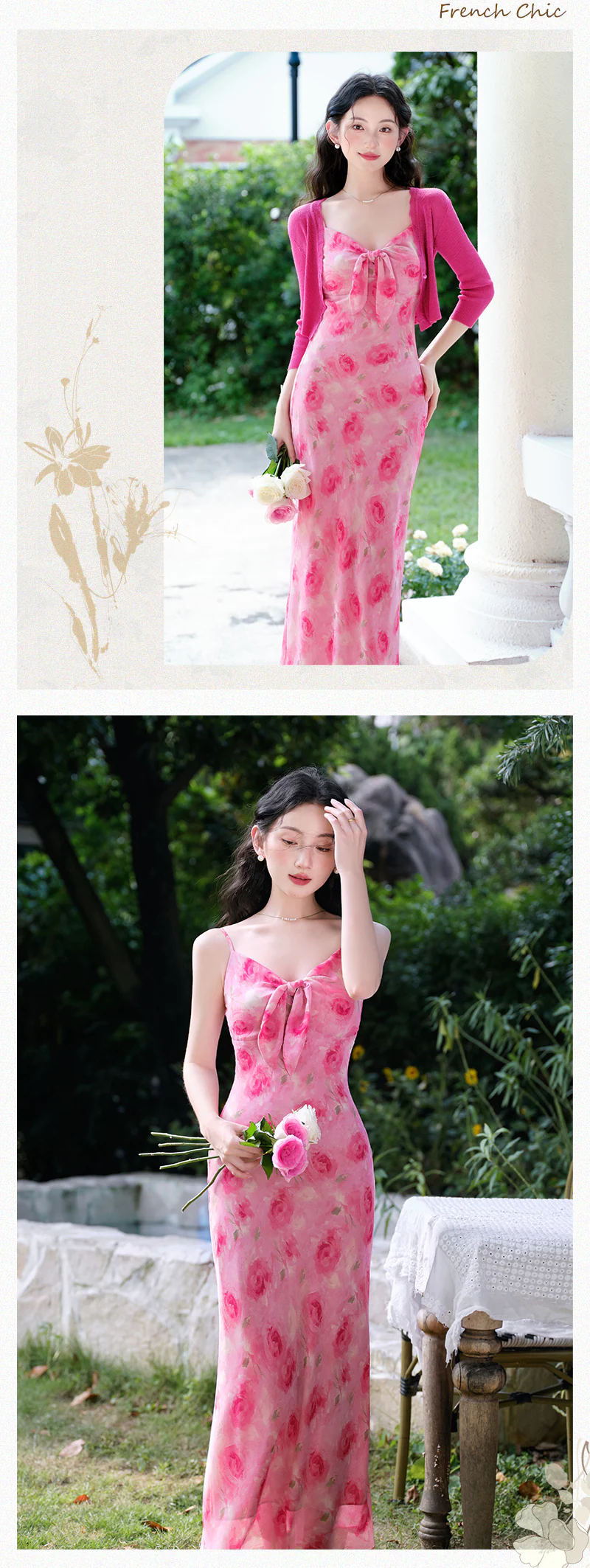 Romantic-Vintage-Rose-Print-Pink-Floral-Casual-Dress-with-Knit-Cardigan-Set10