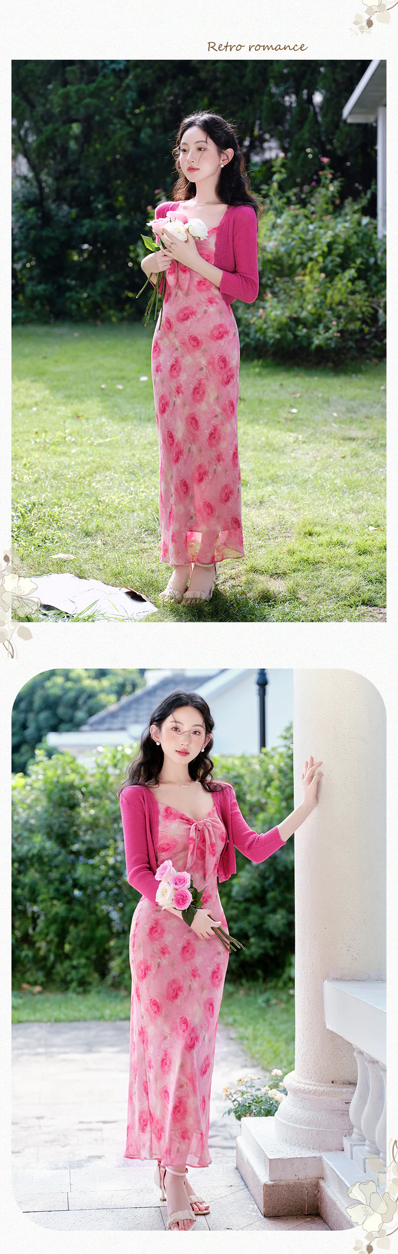 Romantic-Vintage-Rose-Print-Pink-Floral-Casual-Dress-with-Knit-Cardigan-Set11