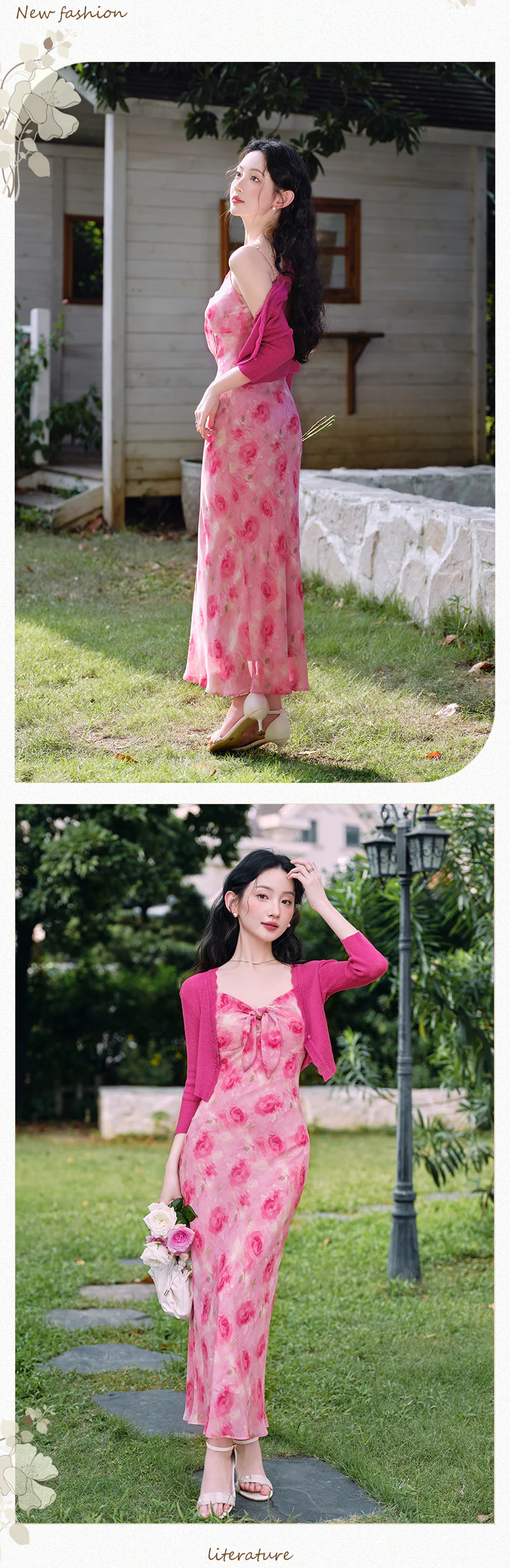 Romantic-Vintage-Rose-Print-Pink-Floral-Casual-Dress-with-Knit-Cardigan-Set12