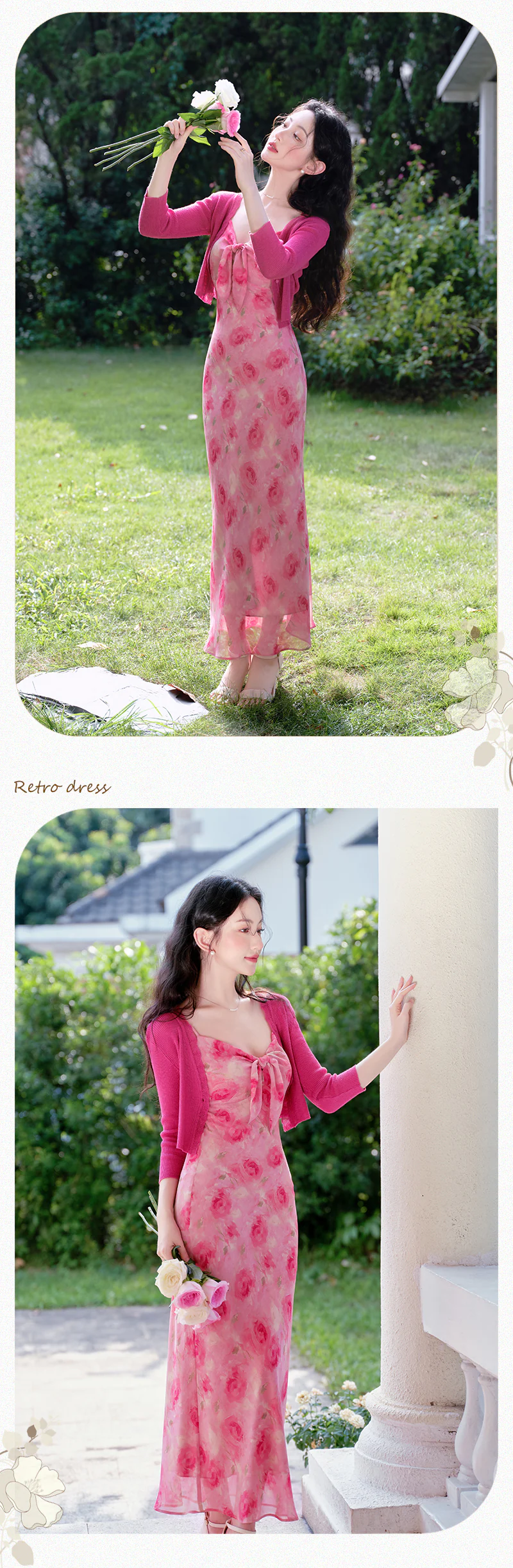 Romantic-Vintage-Rose-Print-Pink-Floral-Casual-Dress-with-Knit-Cardigan-Set13