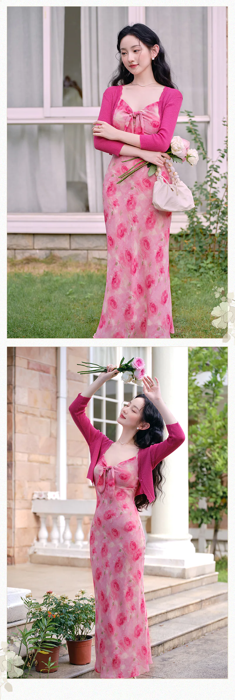 Romantic-Vintage-Rose-Print-Pink-Floral-Casual-Dress-with-Knit-Cardigan-Set14