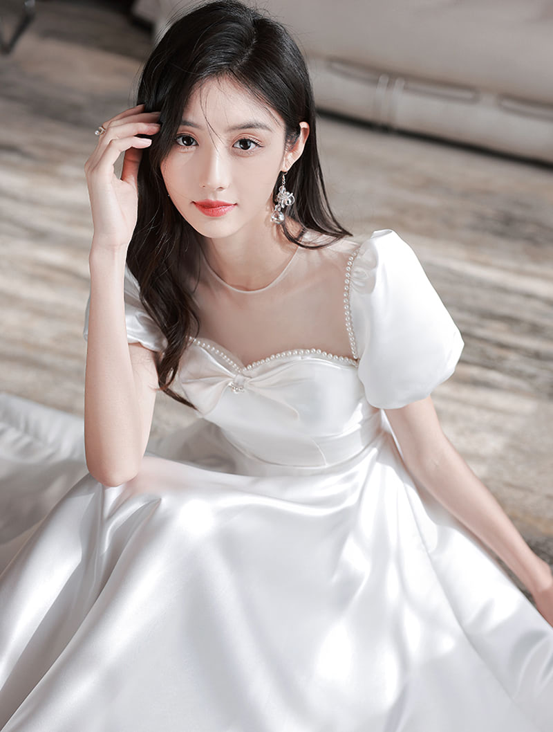 Simple Elegant White Satin Prom Dress Midi Evening Ball Gown02