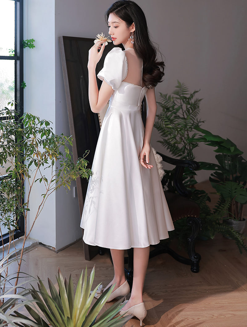 Simple Elegant White Satin Prom Dress Midi Evening Ball Gown01