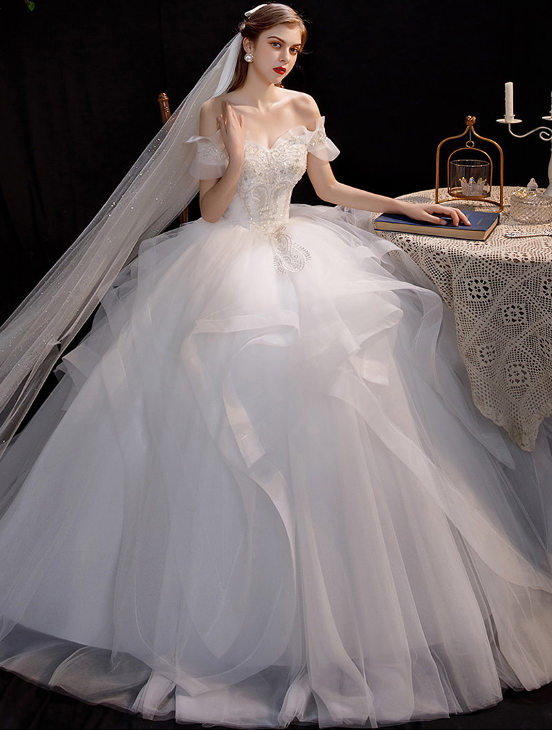 Simple Off Shoulder High Waist Lace White Wedding Dress02