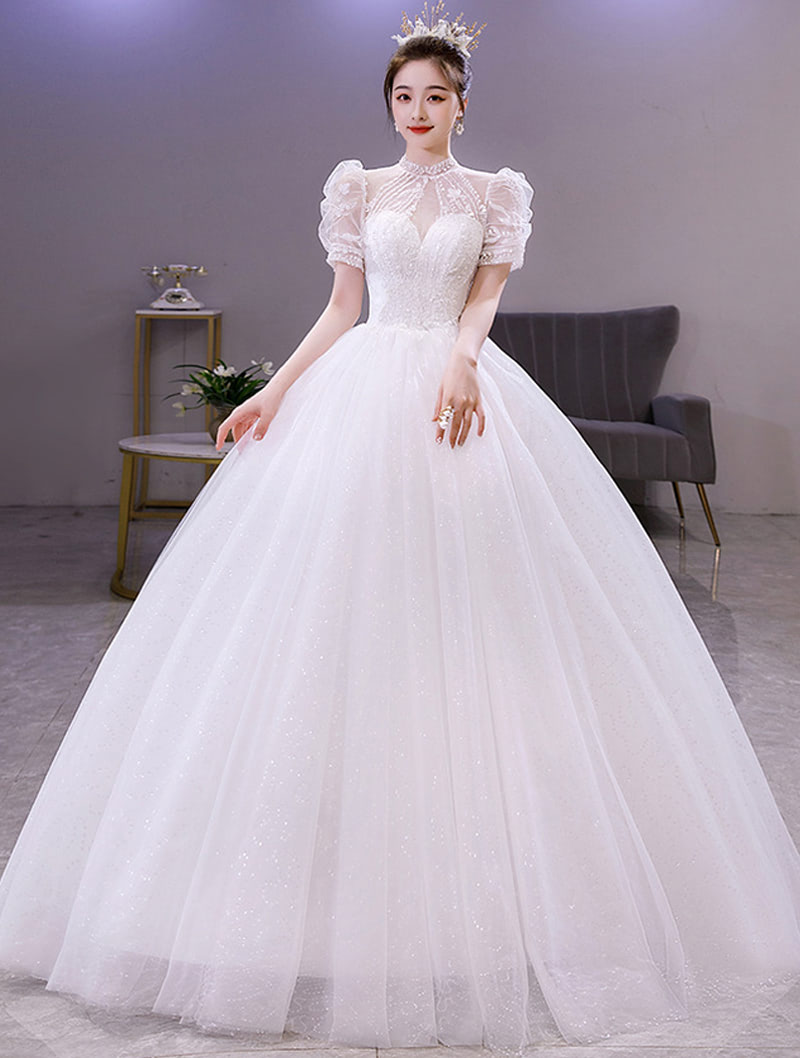 Simple Romantic Puff Sleeve White Tulle Wedding Bridal Long Dress01