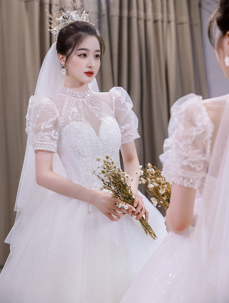 Simple Romantic Puff Sleeve White Tulle Wedding Bridal Long Dress02