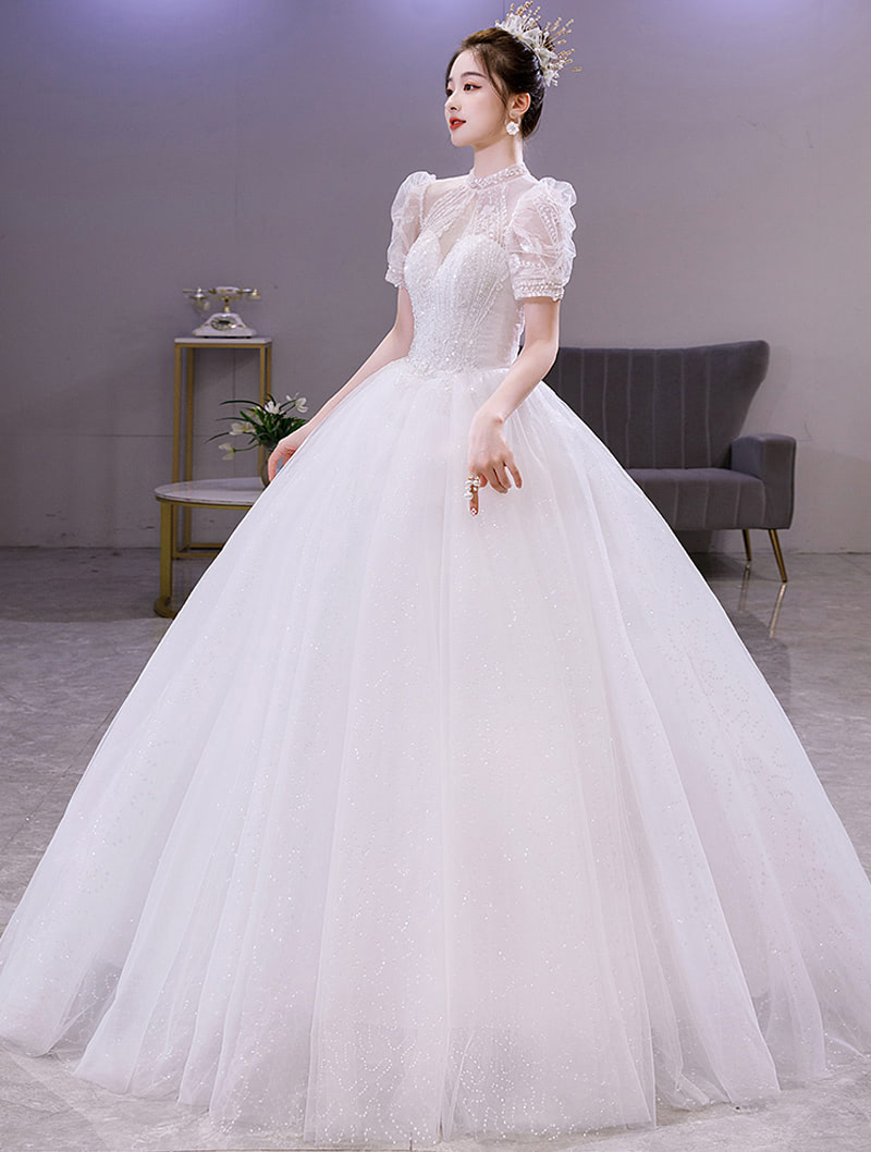 Simple Romantic Puff Sleeve White Tulle Wedding Bridal Long Dress01