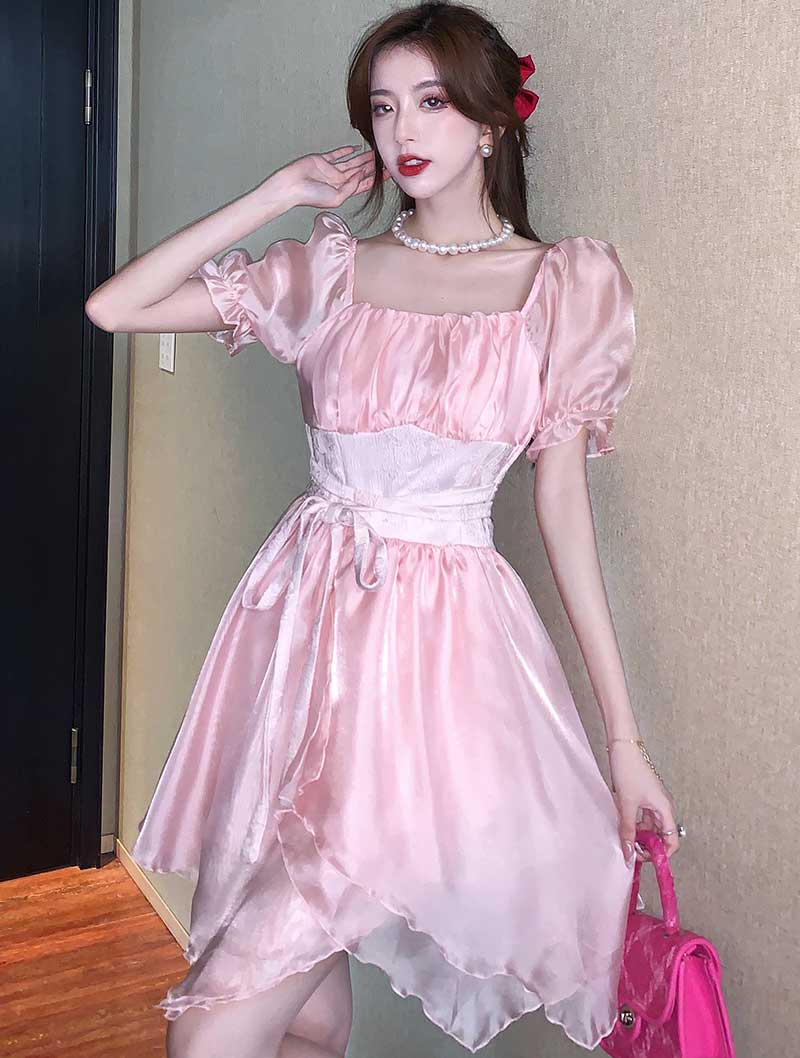 Sweet Irregular Skirt Puffy Sleeve Pink Summer Beach Casual Dress01