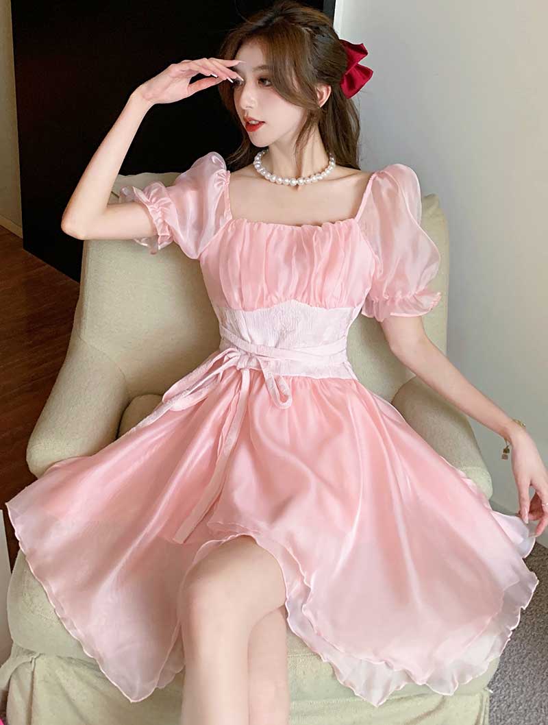Sweet Irregular Skirt Puffy Sleeve Pink Summer Beach Casual Dress02