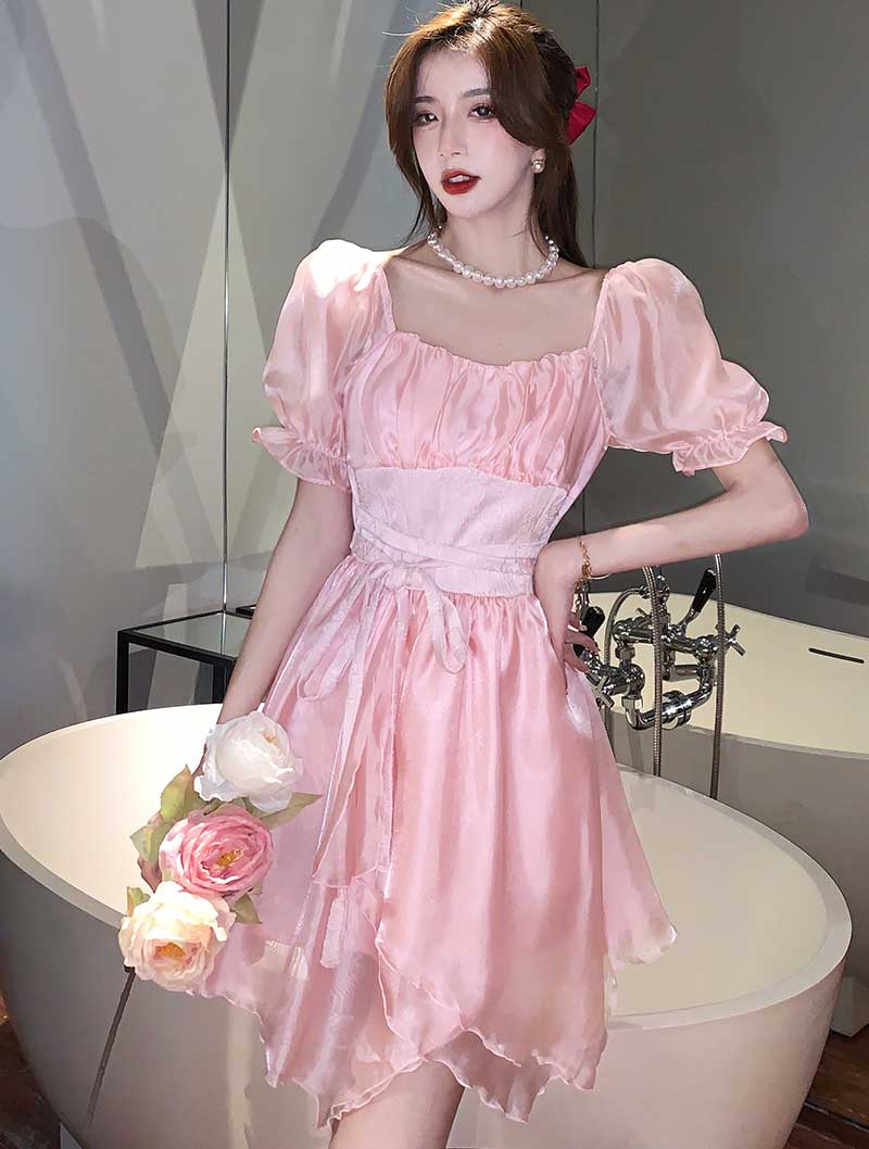 Sweet Irregular Skirt Puffy Sleeve Pink Summer Beach Casual Dress ...