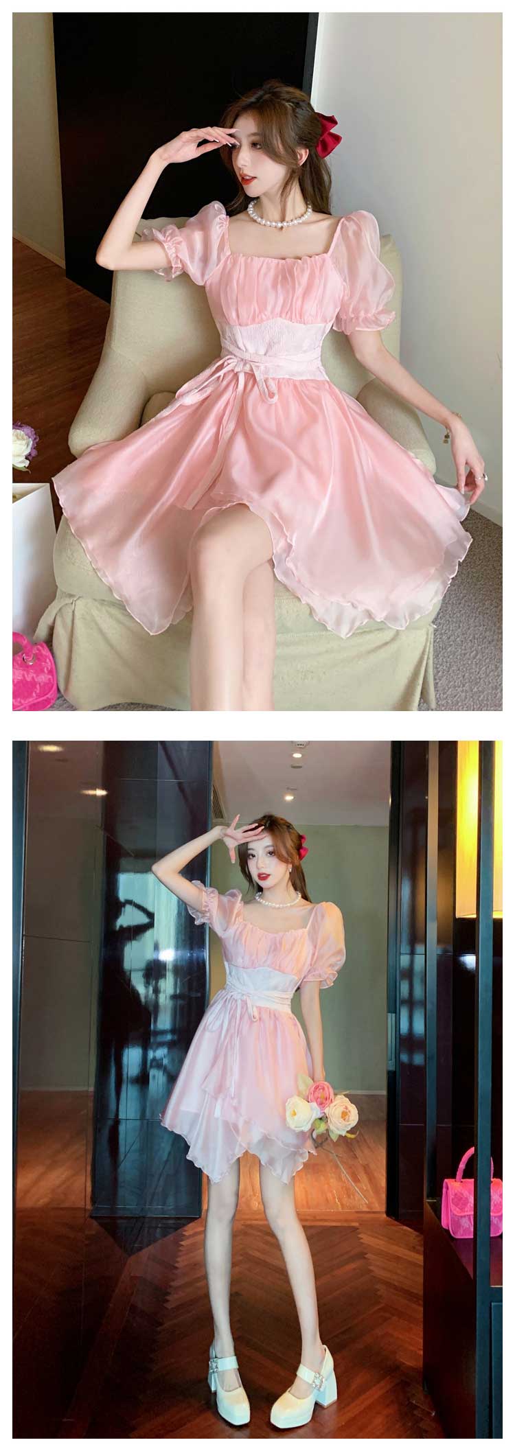 Sweet-Irregular-Skirt-Puffy-Sleeve-Pink-Summer-Beach-Casual-Dress12