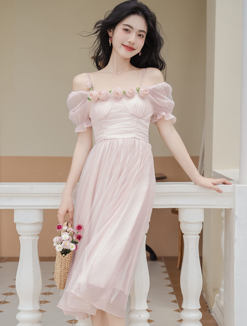 Sweet Light Pink High Waist Short Sleeve Summer Casual Dress01