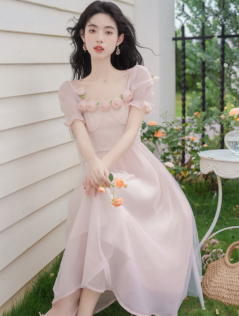Sweet Light Pink High Waist Short Sleeve Summer Casual Dress02
