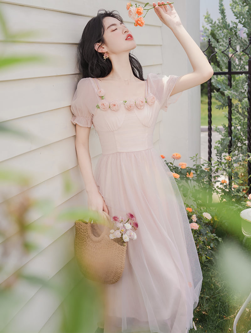Sweet Light Pink High Waist Short Sleeve Summer Casual Dress04