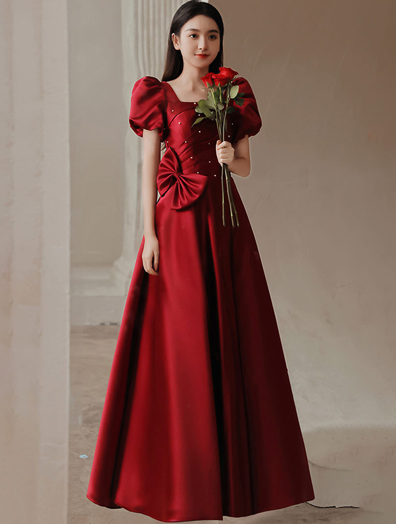 Sweet Princess Burgundy Prom Party Formal Dress with Bowknot01