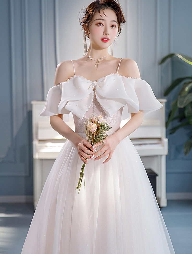 Sweet Style Off Shoulder White Slip Wedding Bridal Maxi Dress05