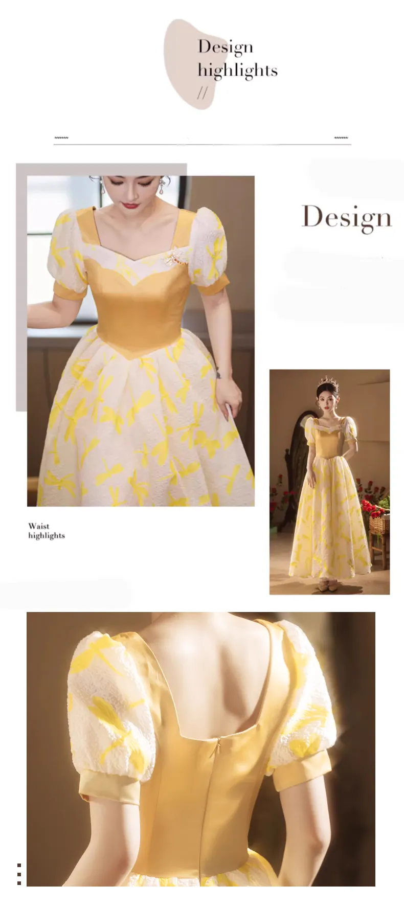 Vintage-Princess-Yellow-Square-Neck-Puff-Sleeve-Formal-Prom-Evening-Dress09