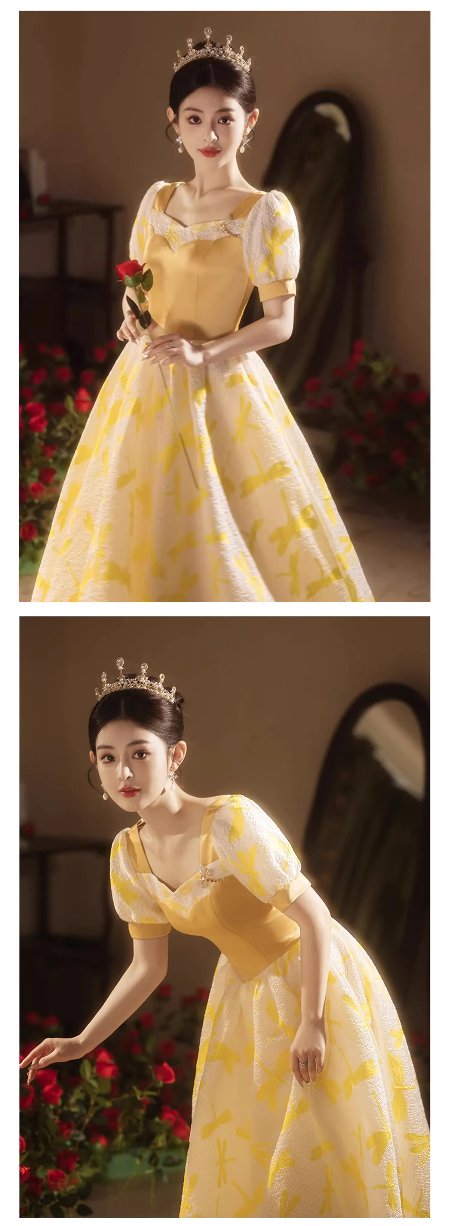 Vintage-Princess-Yellow-Square-Neck-Puff-Sleeve-Formal-Prom-Evening-Dress12
