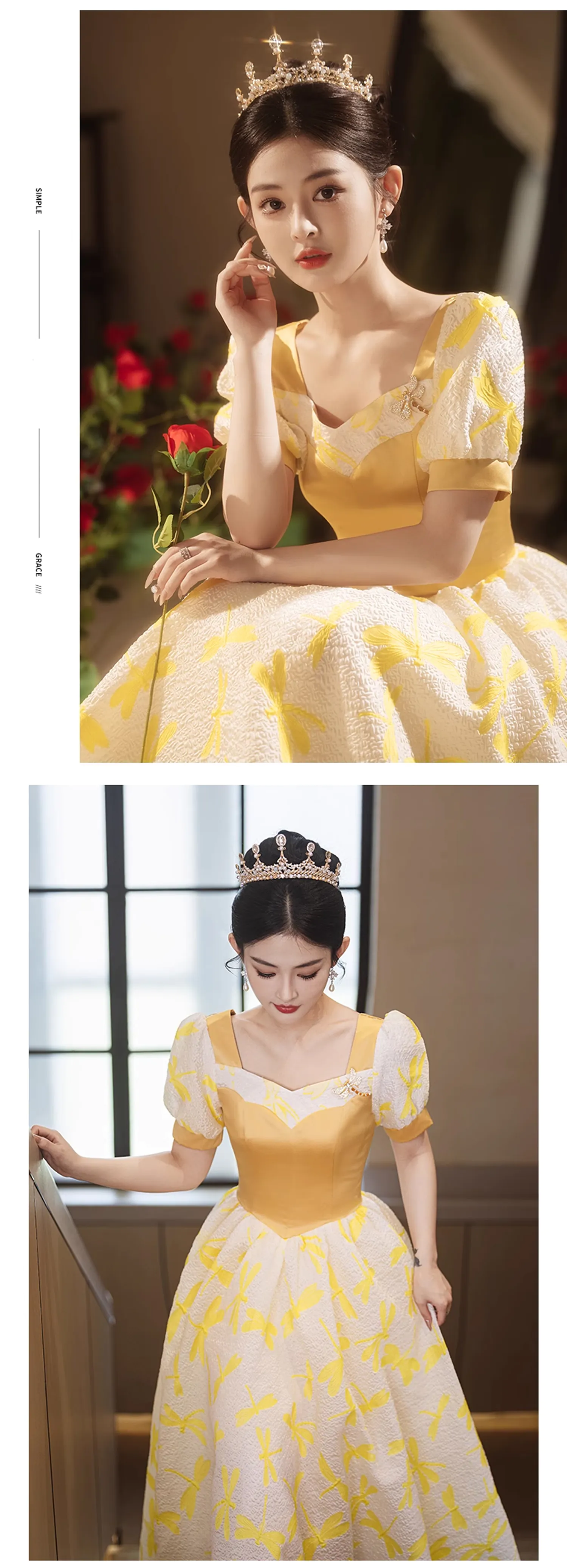 Vintage-Princess-Yellow-Square-Neck-Puff-Sleeve-Formal-Prom-Evening-Dress14