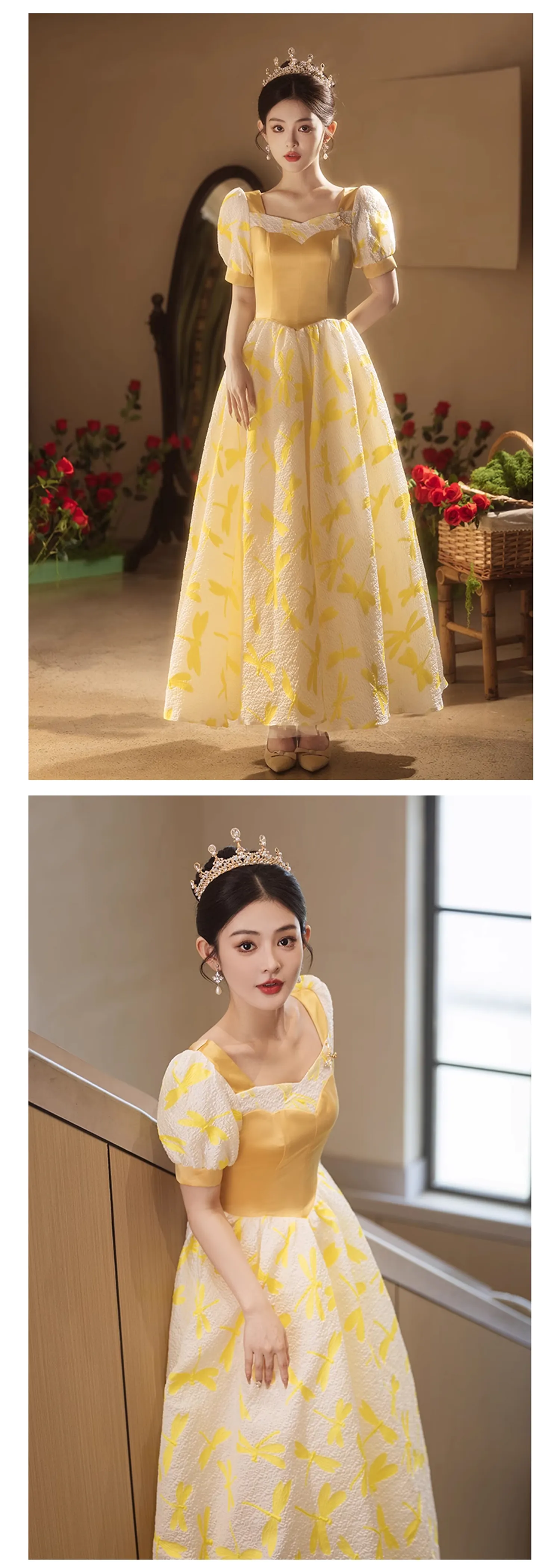 Vintage-Princess-Yellow-Square-Neck-Puff-Sleeve-Formal-Prom-Evening-Dress15