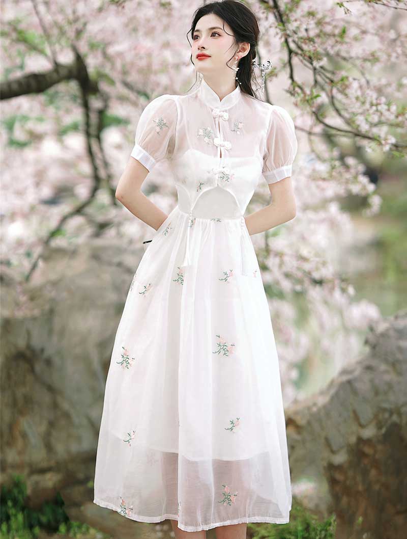 Women Embroidery Short Sleeve Casual White Summer Maxi Dress01