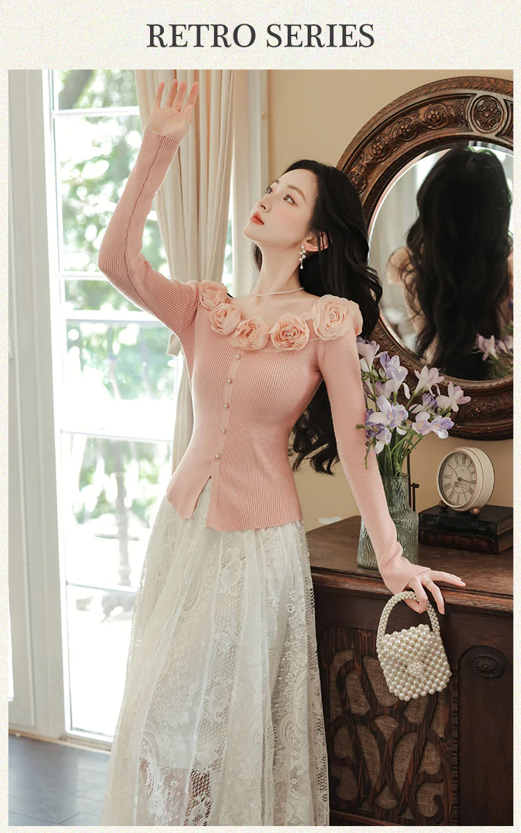 Women-Pink-Off-Shoulder-3D-Floral-Knit-Top-with-Lace-Trim-Skirt-2-Pcs-Set07