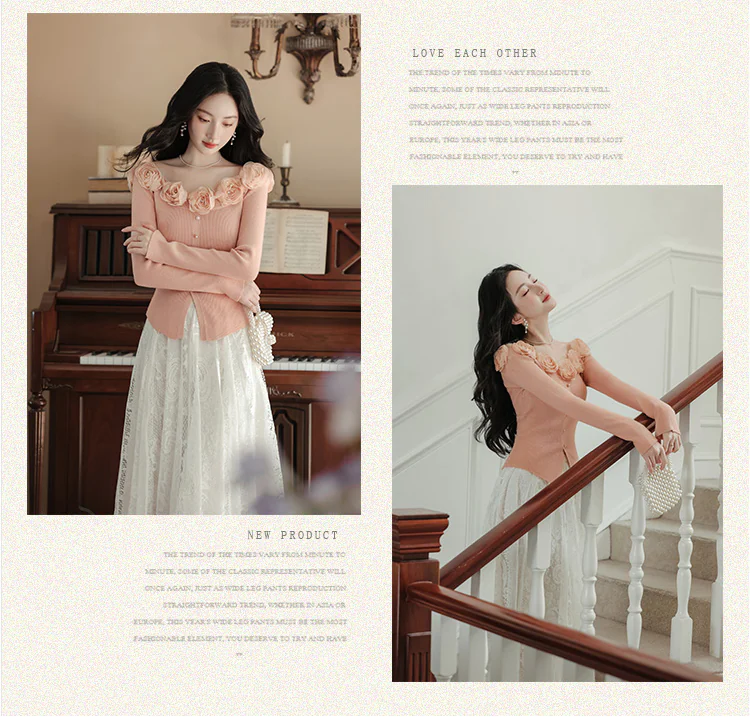 Women-Pink-Off-Shoulder-3D-Floral-Knit-Top-with-Lace-Trim-Skirt-2-Pcs-Set08