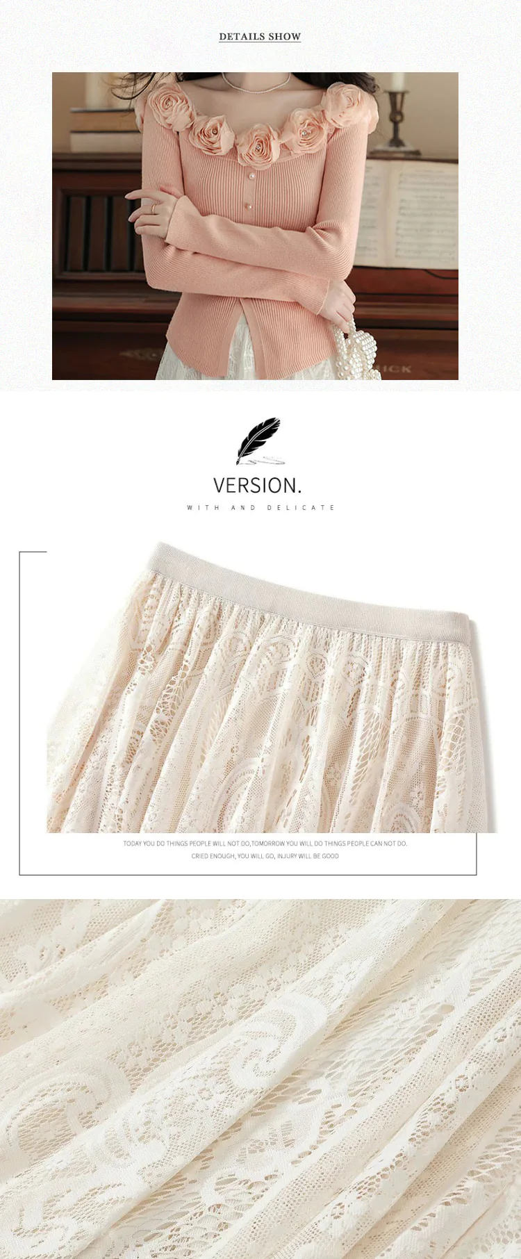 Women-Pink-Off-Shoulder-3D-Floral-Knit-Top-with-Lace-Trim-Skirt-2-Pcs-Set09