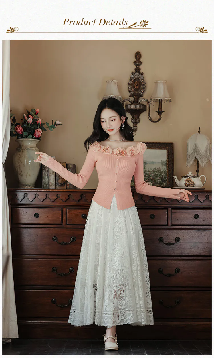 Women-Pink-Off-Shoulder-3D-Floral-Knit-Top-with-Lace-Trim-Skirt-2-Pcs-Set10