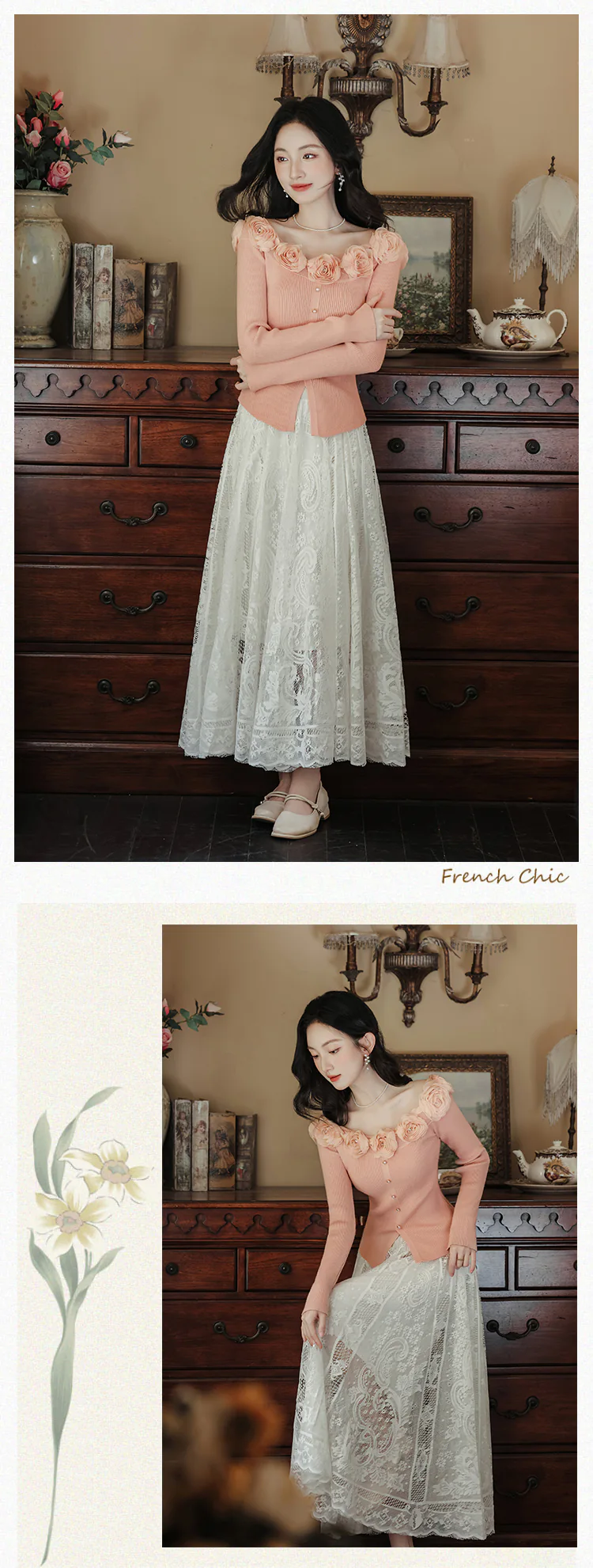Women-Pink-Off-Shoulder-3D-Floral-Knit-Top-with-Lace-Trim-Skirt-2-Pcs-Set11