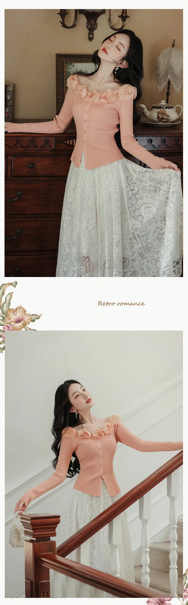 Women-Pink-Off-Shoulder-3D-Floral-Knit-Top-with-Lace-Trim-Skirt-2-Pcs-Set12
