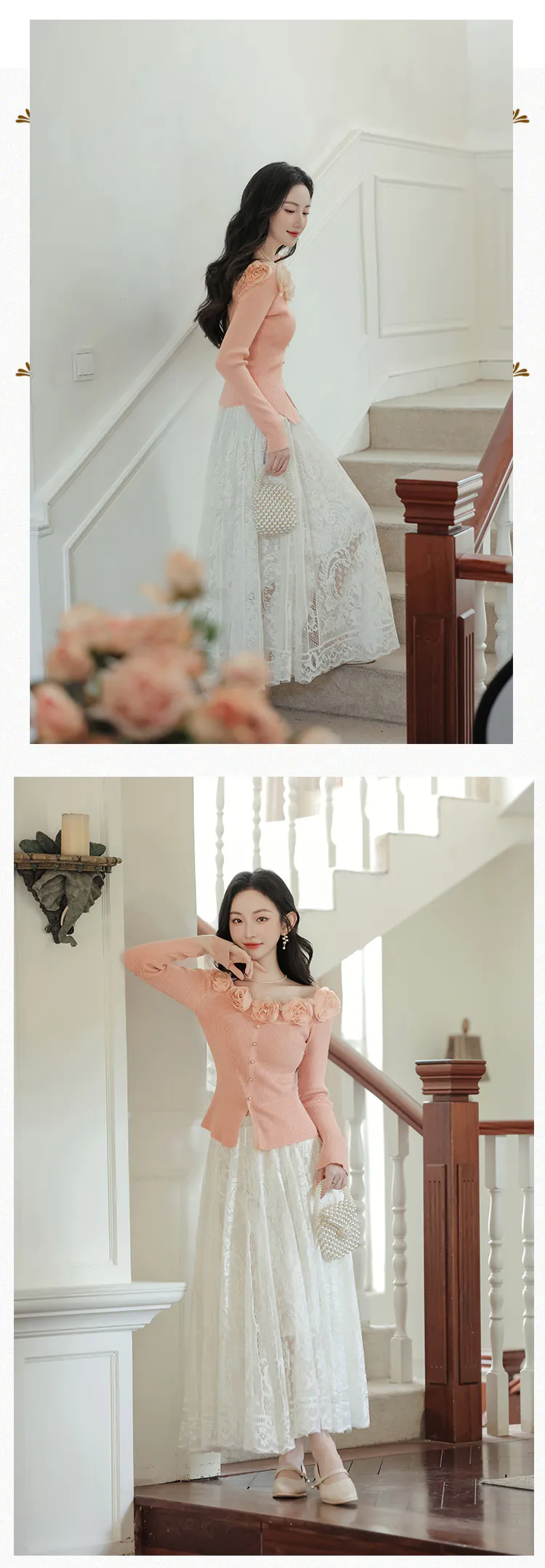 Women-Pink-Off-Shoulder-3D-Floral-Knit-Top-with-Lace-Trim-Skirt-2-Pcs-Set13