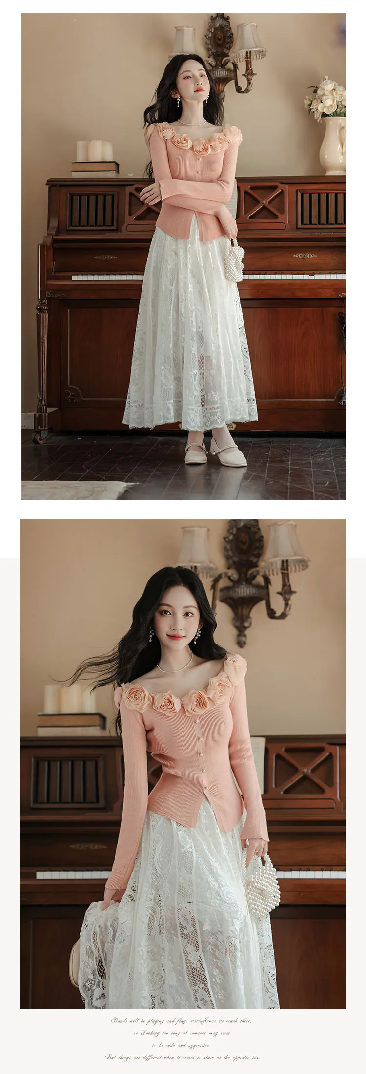 Women-Pink-Off-Shoulder-3D-Floral-Knit-Top-with-Lace-Trim-Skirt-2-Pcs-Set14