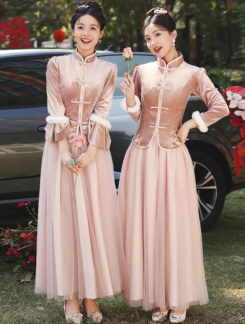 Charming Thicken Pink Velvet Long Sleeve Chinese Style Bridesmaid Dress01