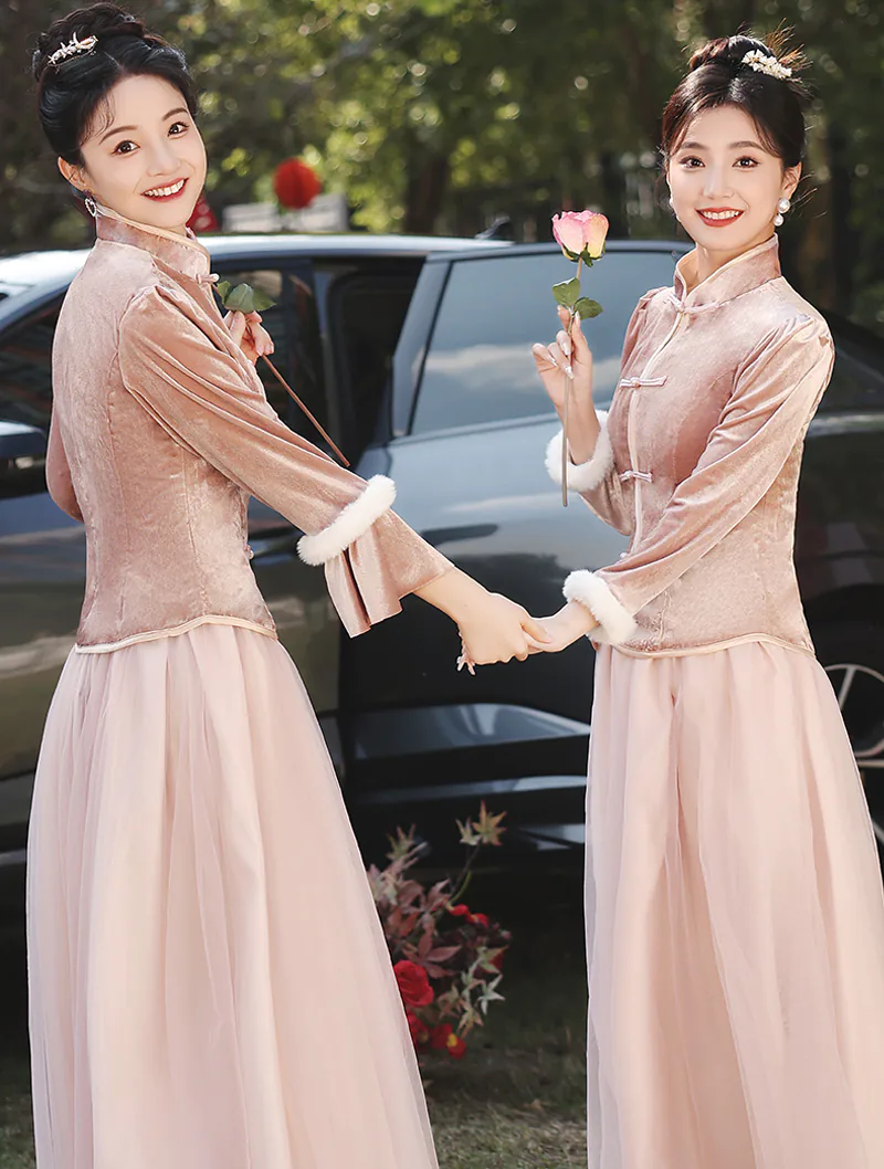 Charming Thicken Pink Velvet Long Sleeve Chinese Style Bridesmaid Dress05