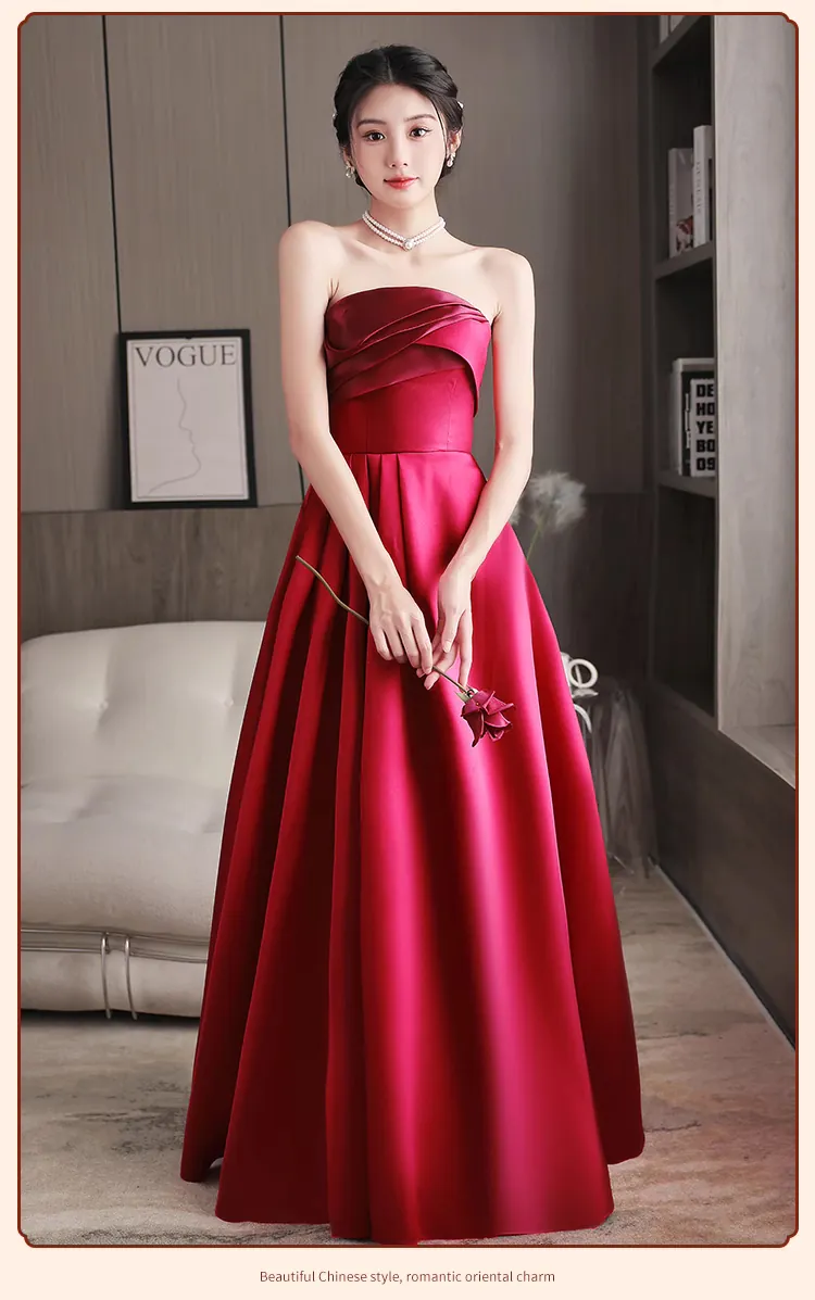 Chic Burgundy Satin Strapless Bridal Toast Evening Party Dress Formal Gown (Size: XXL) Chic Burgundy Satin Strapless Bridal Toast Evening Party Dress Formal Gown (Size: XXL)