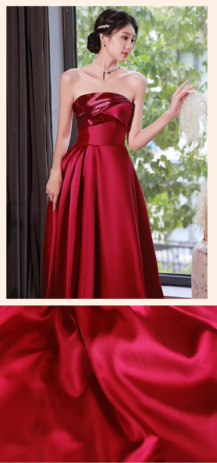 Chic-Burgundy-Satin-Strapless-Bridal-Toast-Evening-Party-Dress-Formal-Gown10