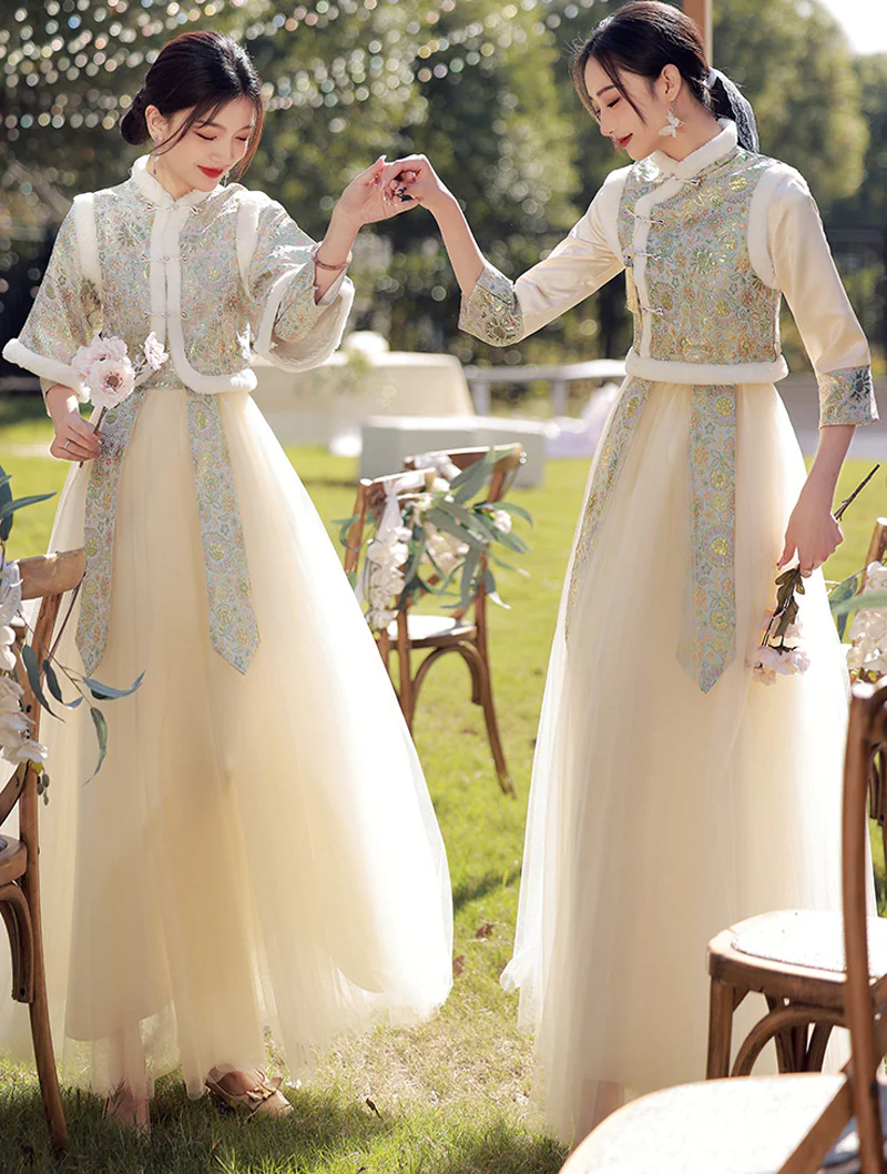 Elegant Chinese Style Long Sleeve Plush Thick Warm Bridesmaid Dress01