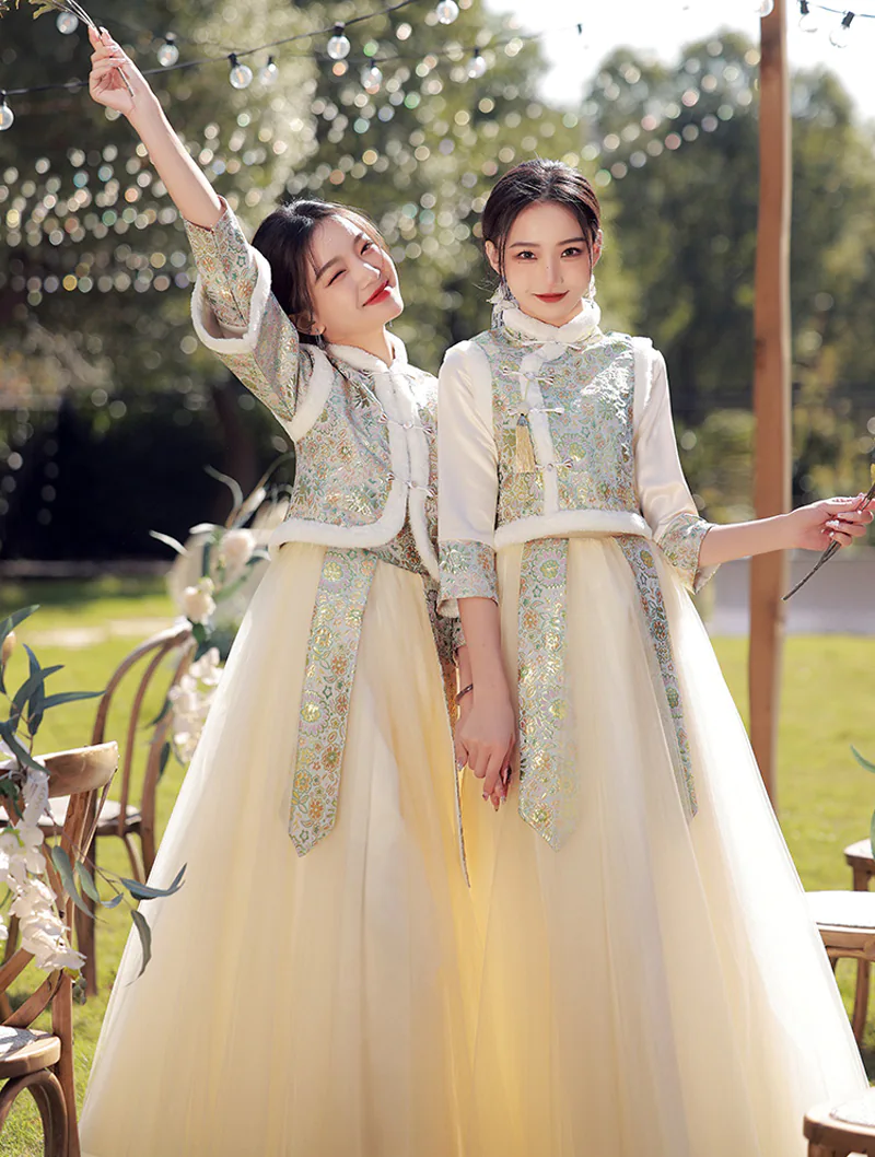 Elegant Chinese Style Long Sleeve Plush Thick Warm Bridesmaid Dress02