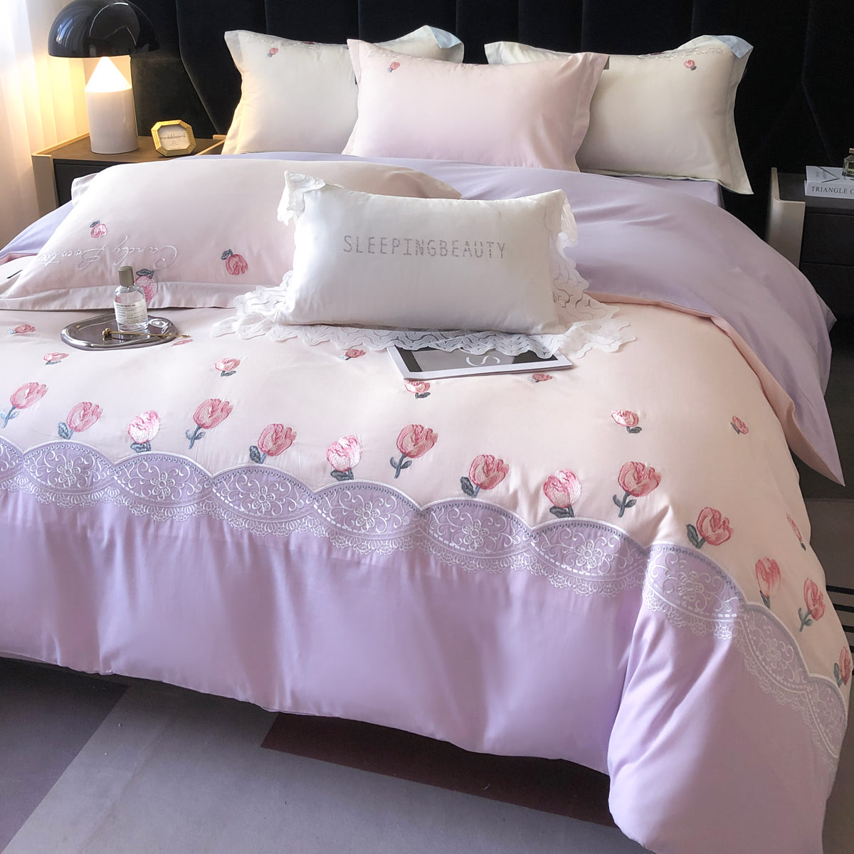 Elegant Tulip 100% Cotton Embroidery Bed Sheet Duvet Cover Set01