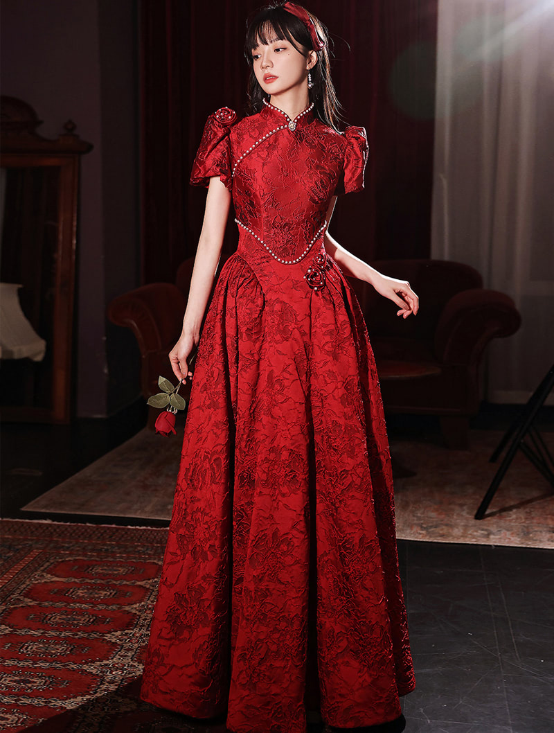 Gorgeous Burgundy Floral Long Dress for Prom Engagement Party01