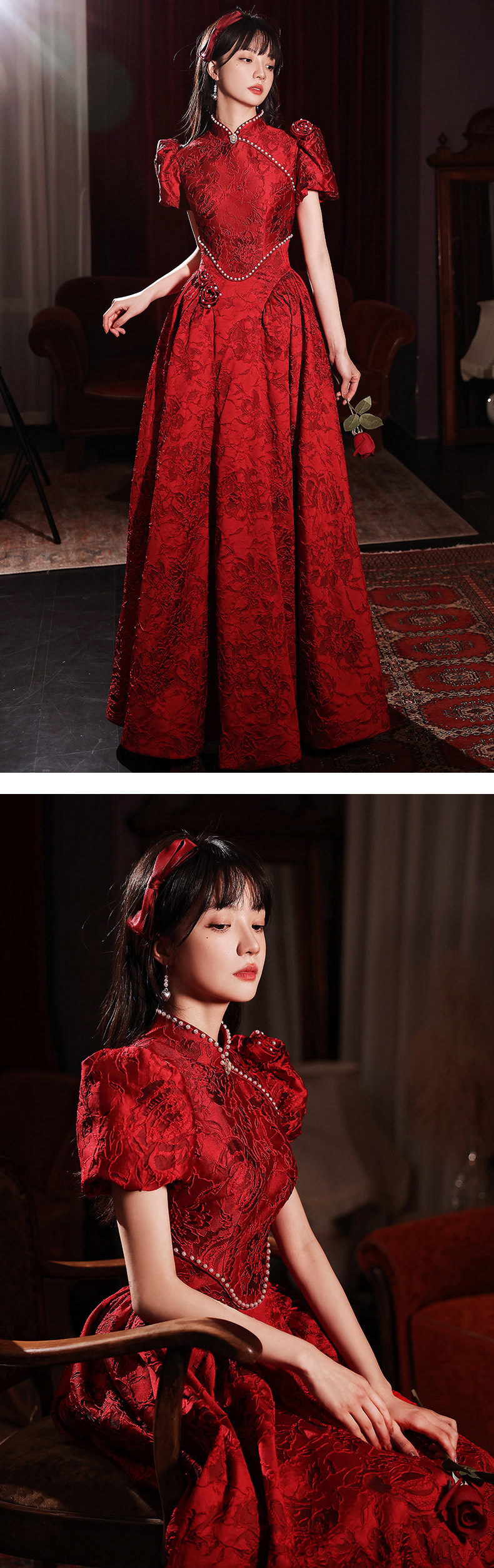 Gorgeous Burgundy Floral Long Dress for Prom Engagement Party (Size: XL)