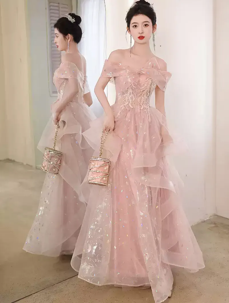 Pink Butterfly Sleeves Chiffon Ruffle Formal Prom Evening Cocktail Dress DQ830890 main image 0