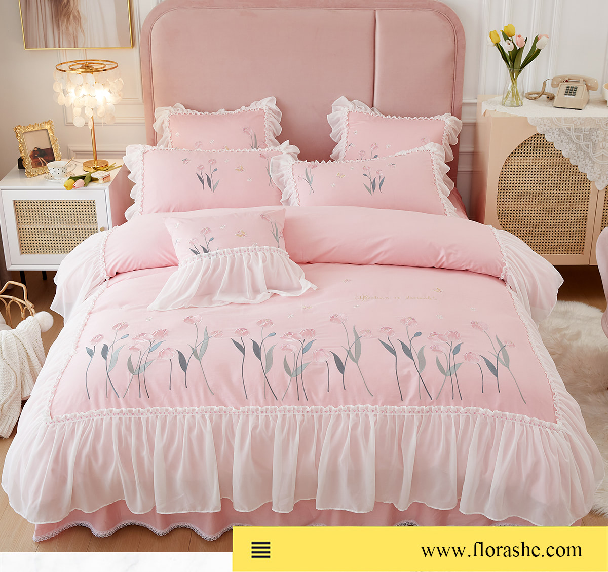 Princess-Embroidery-Ruffle-Lace-100-Cotton-Tulip-Bedding-4-Pcs-Set20