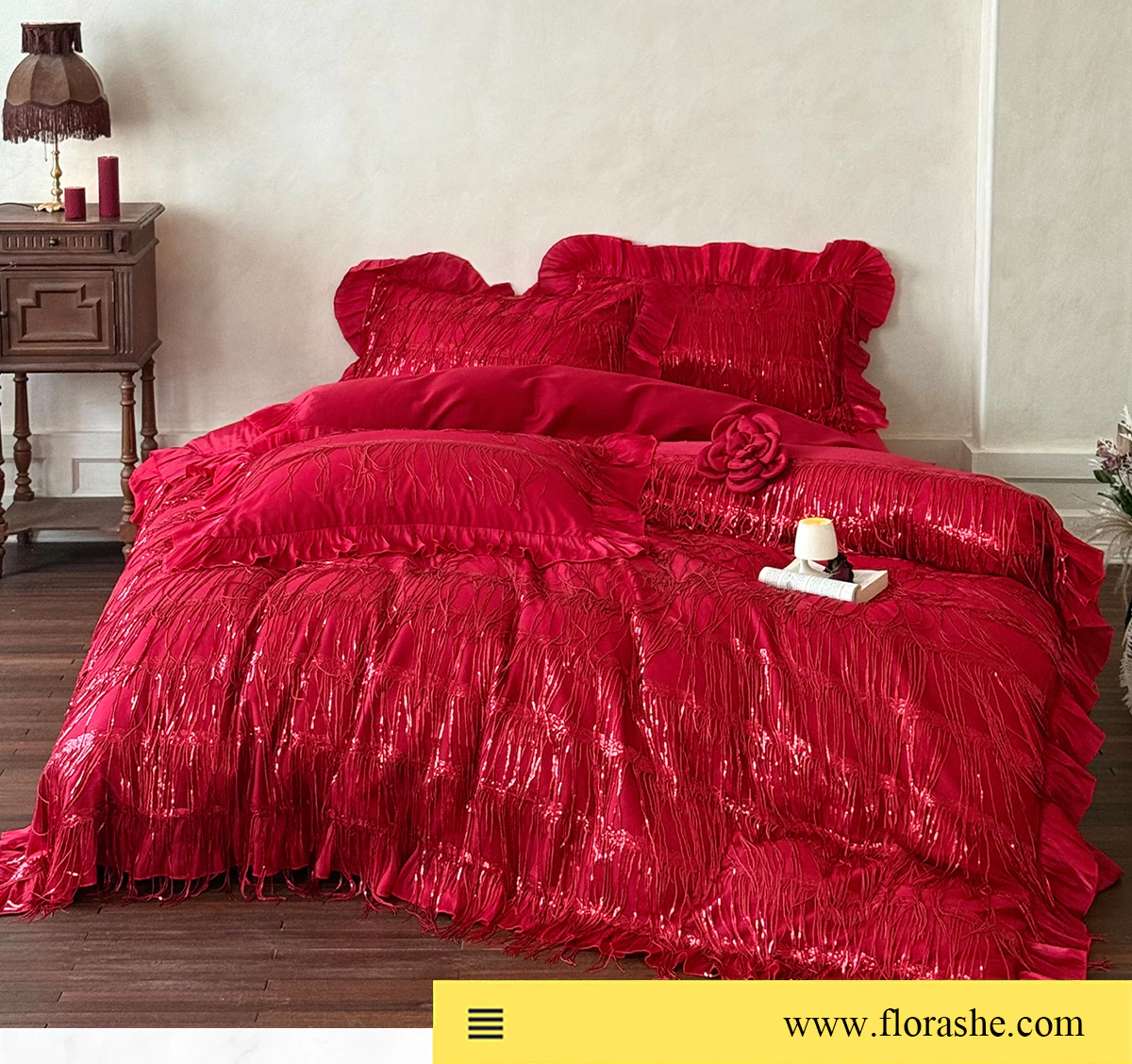 Retro-Ruby-Red-Sparkling-Fringe-Tassel-100s-Long-Staple-Cotton-Bedding-Set07