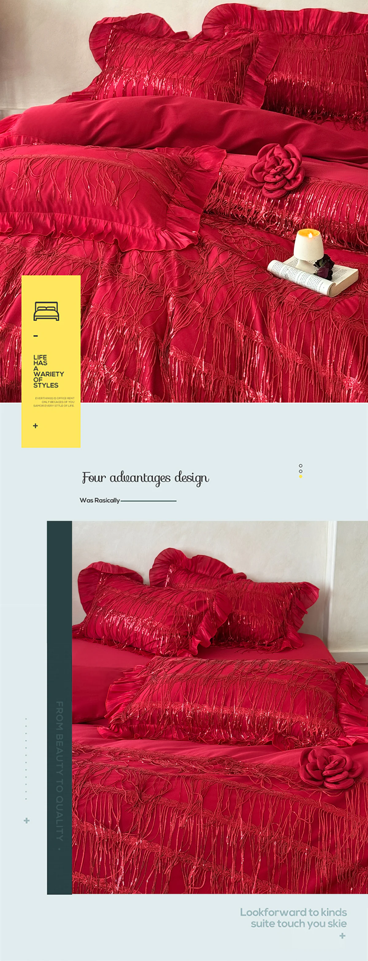 Retro-Ruby-Red-Sparkling-Fringe-Tassel-100s-Long-Staple-Cotton-Bedding-Set09