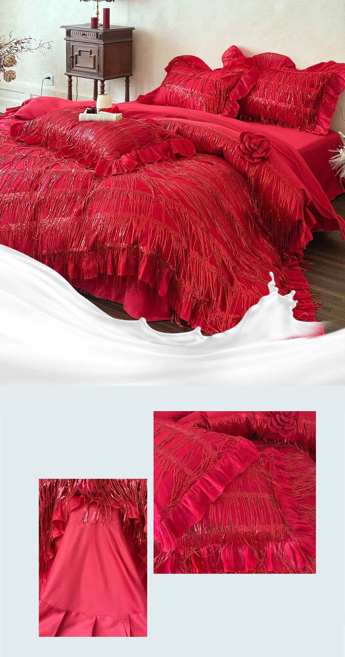 Retro-Ruby-Red-Sparkling-Fringe-Tassel-100s-Long-Staple-Cotton-Bedding-Set10