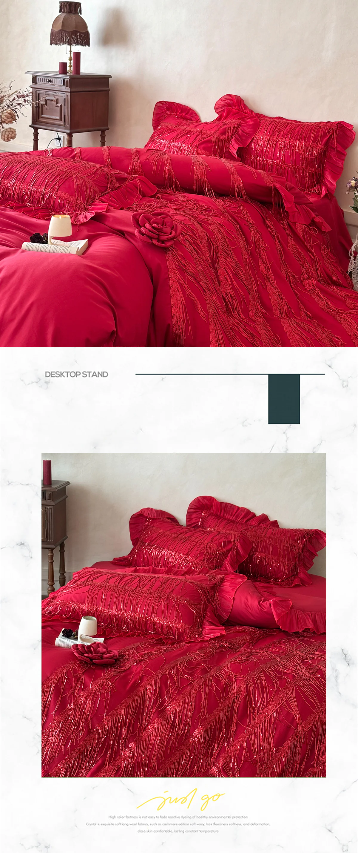 Retro-Ruby-Red-Sparkling-Fringe-Tassel-100s-Long-Staple-Cotton-Bedding-Set11