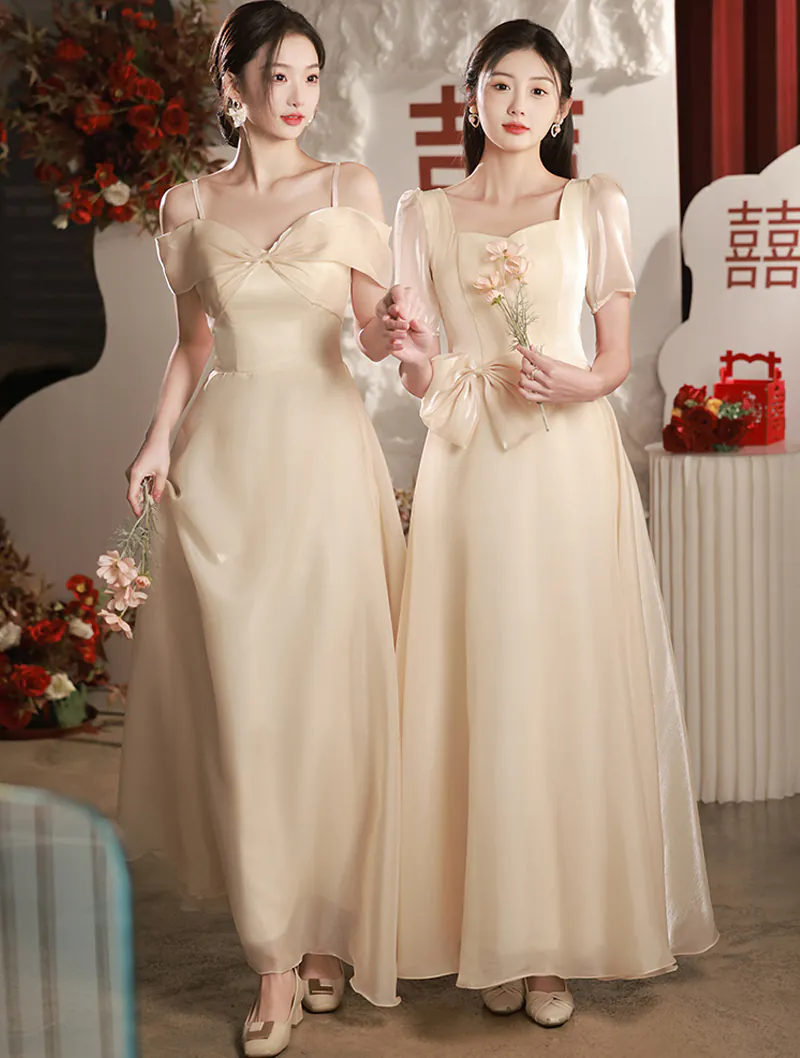 Simple A Line Princess Champagne Bridesmaid Dress Evening Gown01