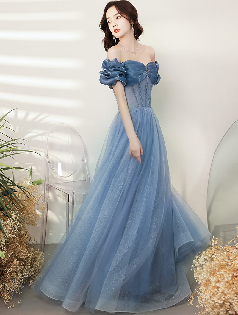 Simple Sexy Off Shoulder Blue Satin Prom Evening Long Dress01